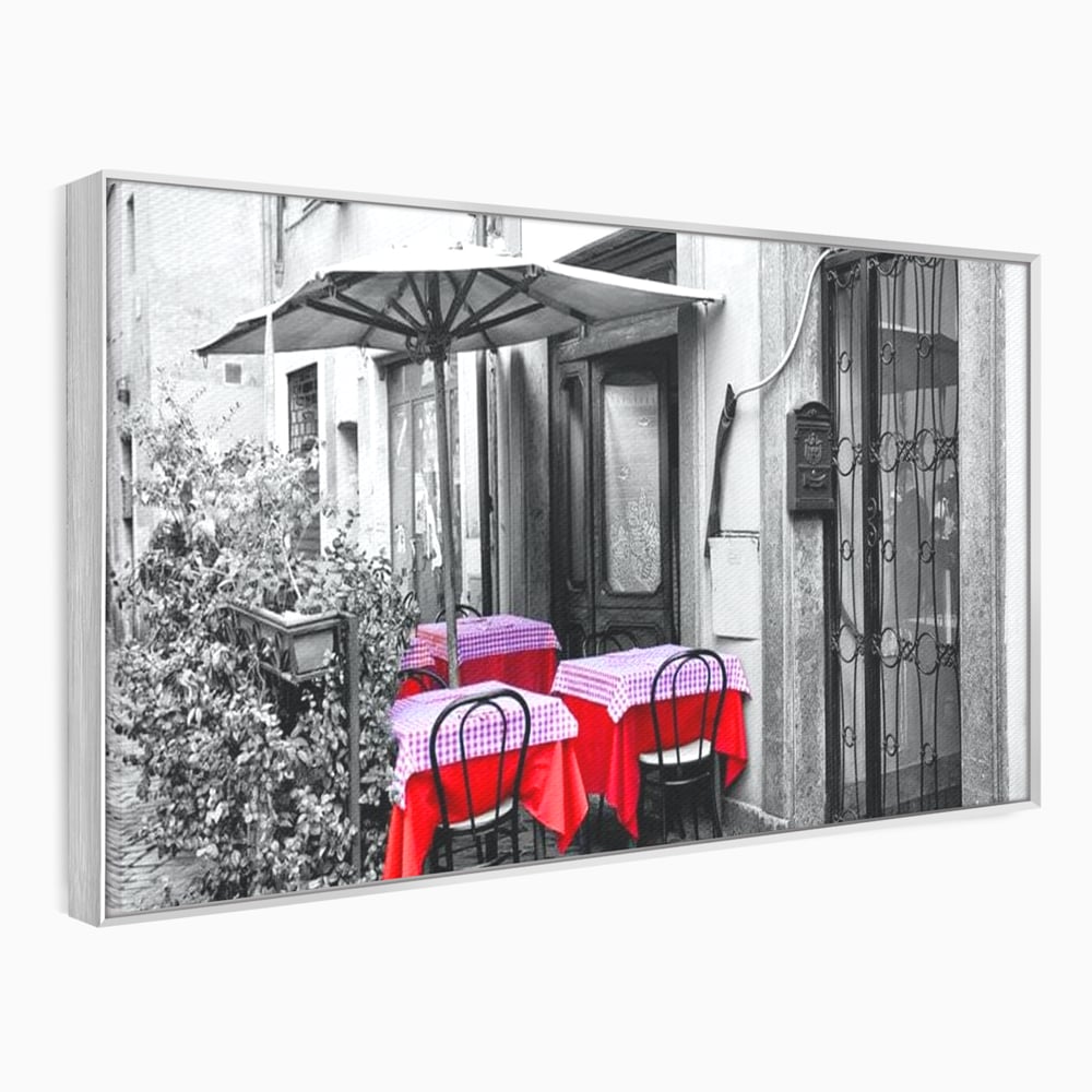Tablou canvas cu cafenea stradala vintage alb negru cu pete de rosu, in rama de aluminiu argintiu